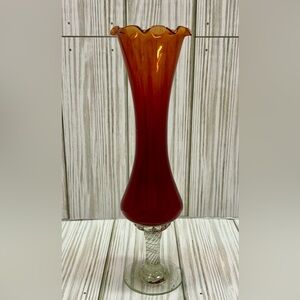 Vintage Bud Vase National Potteries Co Art Glass Orange And Clear 8.25"